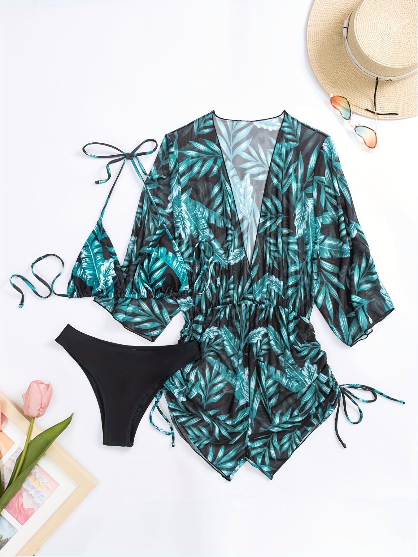 3-piece Leaf Plant Print Triangle Halter Neck Bikini Sets