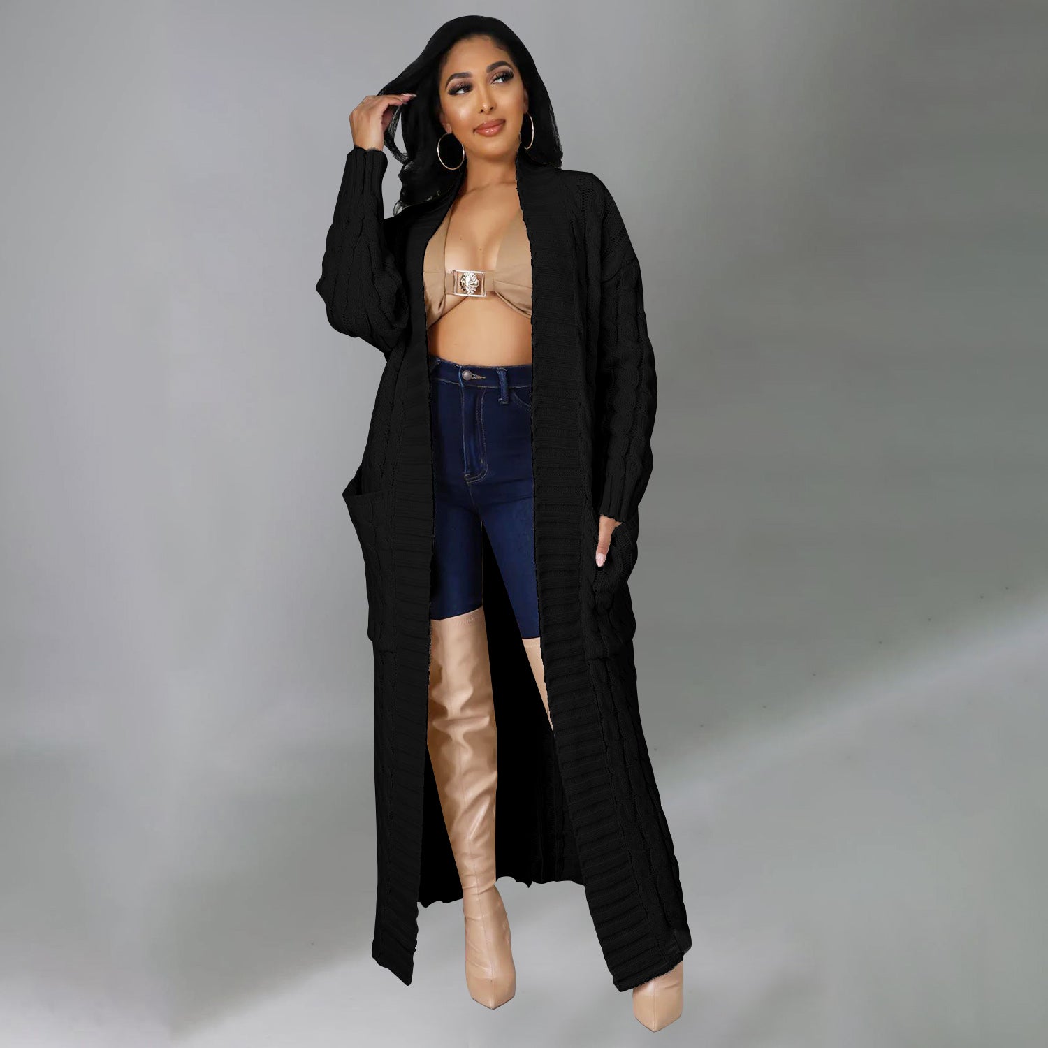 Elegant Solid Long Sleeve Knitted Long Cardigan