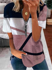 Summer New Temperament Commuter Women Zipper V-neck Geometric Pattern Printing Loose Comfortable Casual Short-sleeved T-shirt Urban Wind Tops