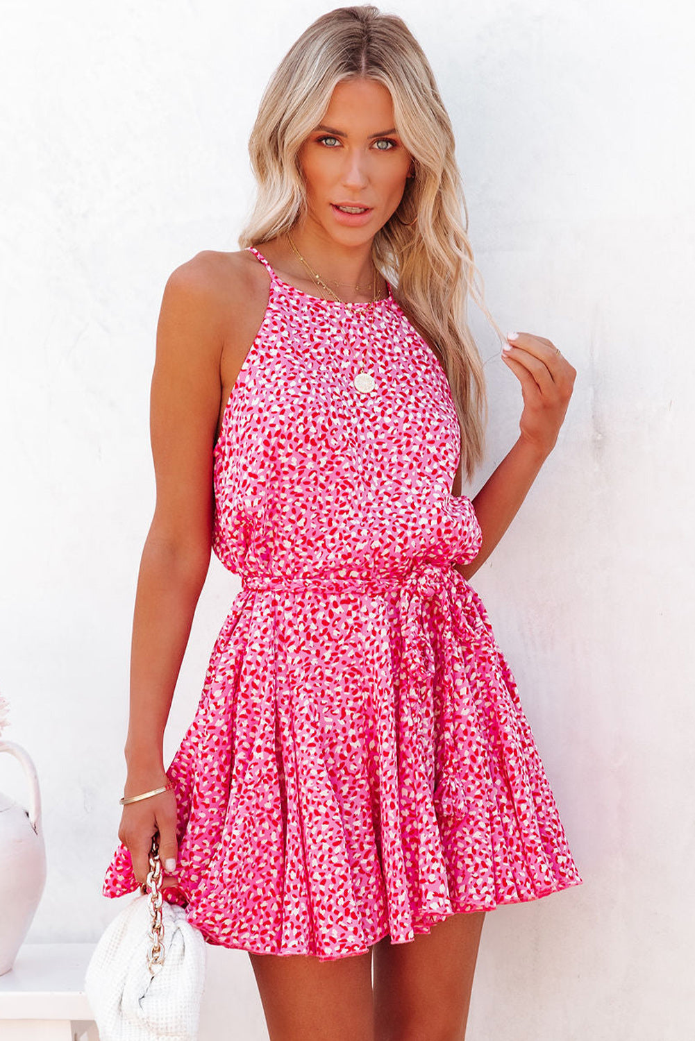 Leopard Print Sleeveless Mini Dress with Waist Tie