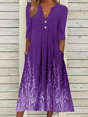 Summer New Dress Digital Printing Pleated V-neck Mid-sleeve Five-part Sleeve Long Dress S-5XL