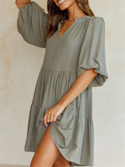Spring and Summer V-neck Short-sleeved Temperament Casual Style A-line Dress Army Green S M L XL