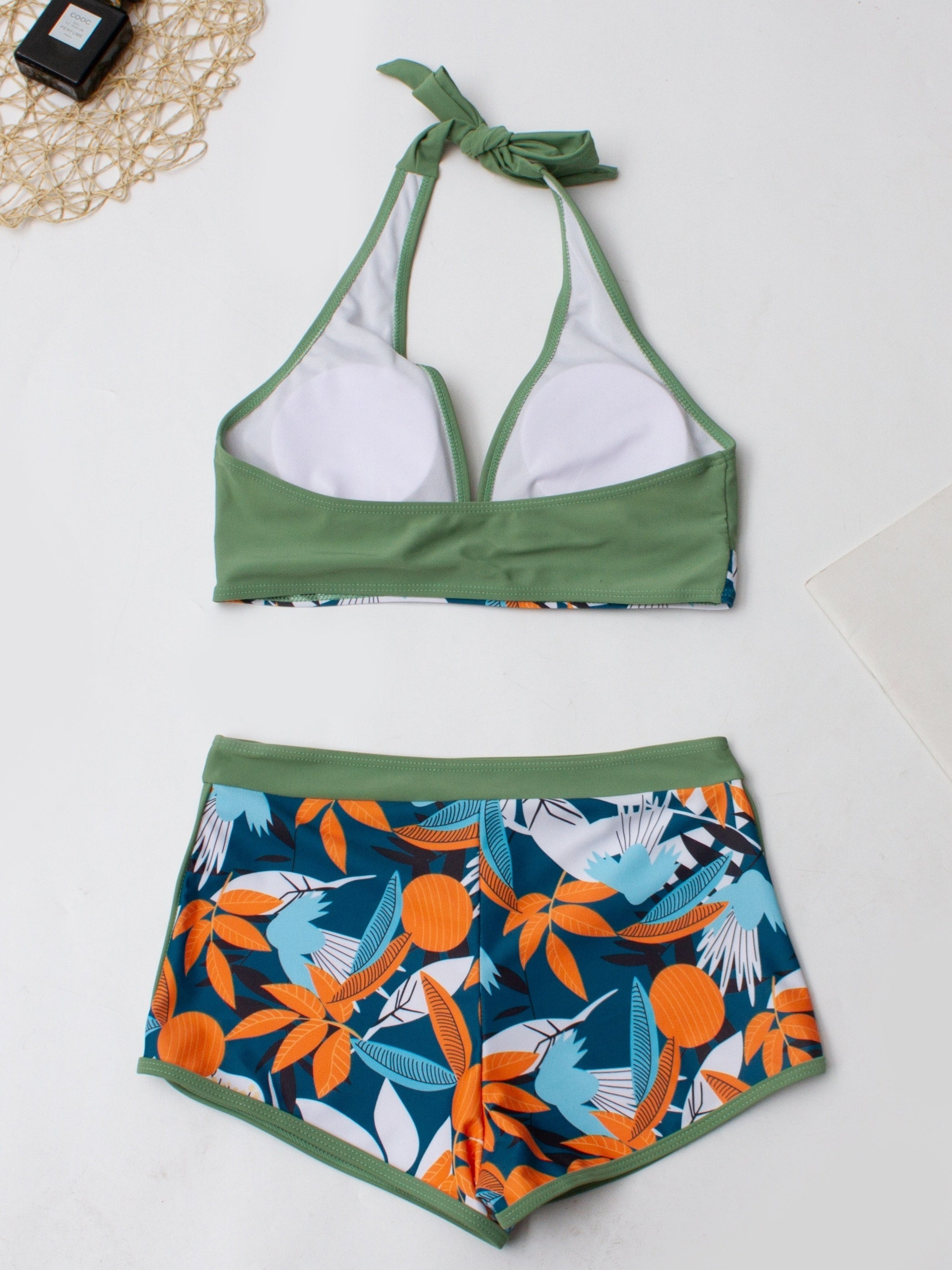 Floral Print Deep V Shape Halter Bikini Boxer Swimsuit