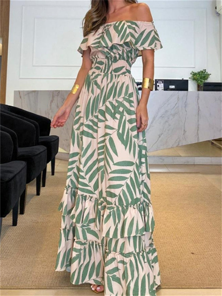 Summer Women's Printed One-piece Collar Elastic Waist Four-sided Elastic Large Swing Long Dress Vacation Dress Comfortable Casual Style S-XL