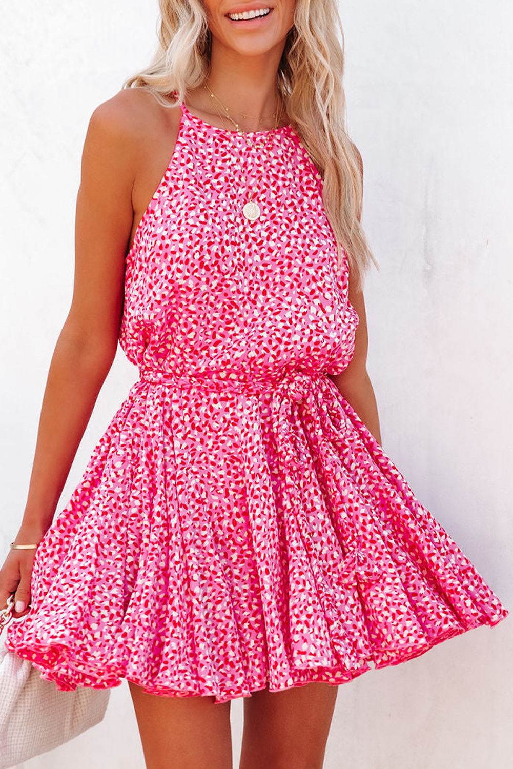 Leopard Print Sleeveless Mini Dress with Waist Tie