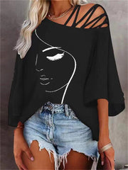 Fashion Stitching Loose Casual Tops Ladies Print T-shirt White Black Red Blue S M L XL 2XL
