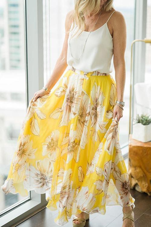 Floral Print Chiffon Maxi Skirts