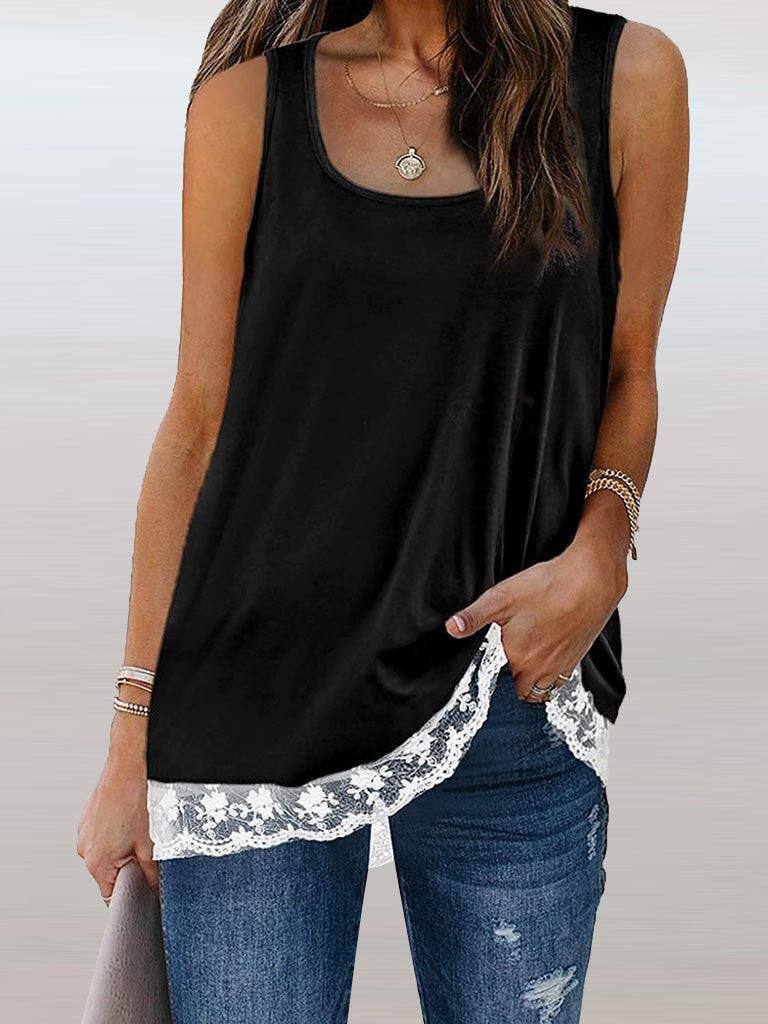 Casual U Neck Sleeveless Color Block Loose Blouse Top