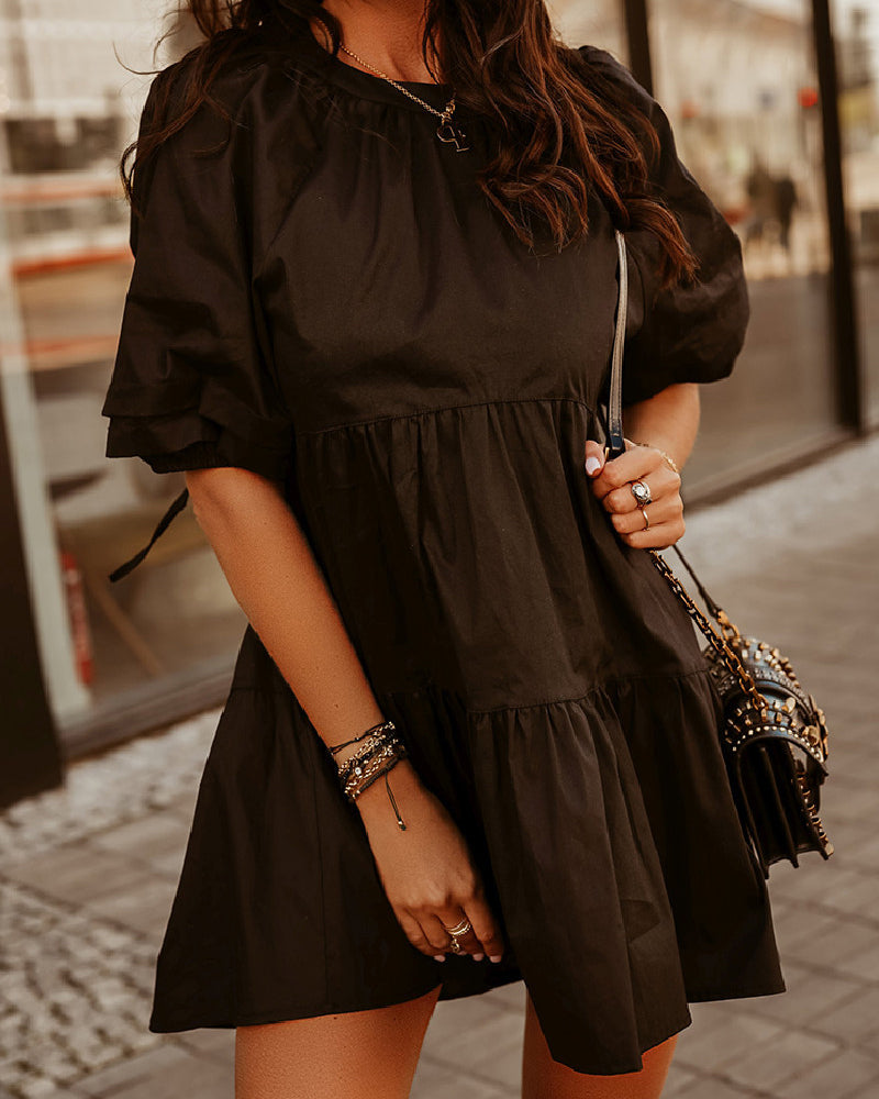 Solid Ruffle Hem Smock A-Line Dress