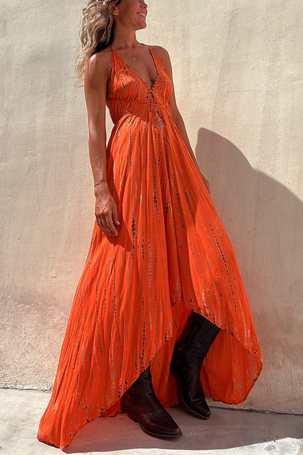 Claire Tie-dye Print Halter Lace-up High Low Maxi Dress
