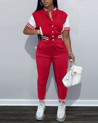 Striped Slant Pocket Button Down Baseball Jacket & Pants Set