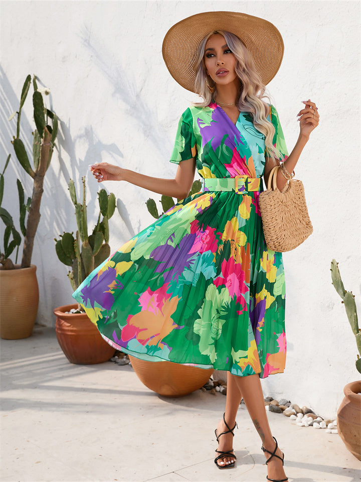 Summer Floral Print Crinkle Short Sleeve Dress V-neck Casual Dress Green Red S-2XL