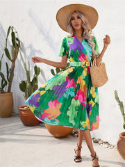 Summer Floral Print Crinkle Short Sleeve Dress V-neck Casual Dress Green Red S-2XL