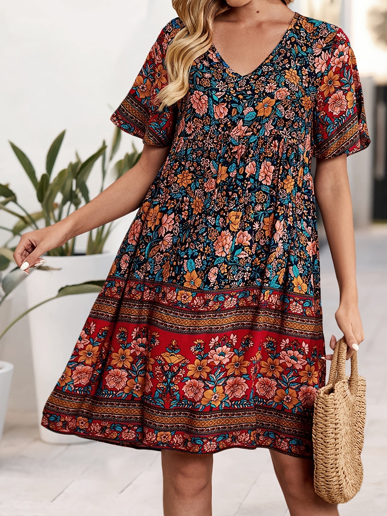 Casual Floral Print V Neck Short Sleeve Mini Dress
