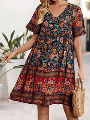 Casual Floral Print V Neck Short Sleeve Mini Dress