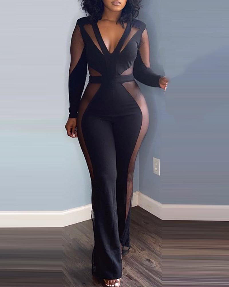 Sheer Mesh Insert Plunging Neck Jumpsuit