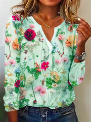Summer New Wave Plant Floral Print V-neck Long-sleeved T-shirt Tops Cross-border Women's Comfortable Casual T-shirt