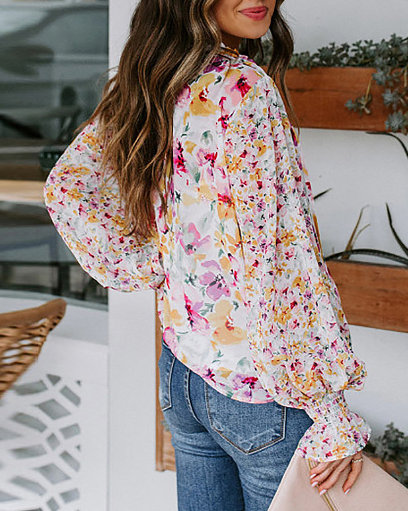 Floral Print Button Front Gathered Sleeve Blouse