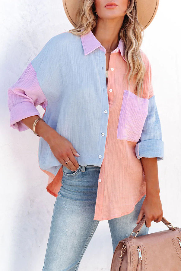 Catch Feels Cotton Colorblock Button Down Top