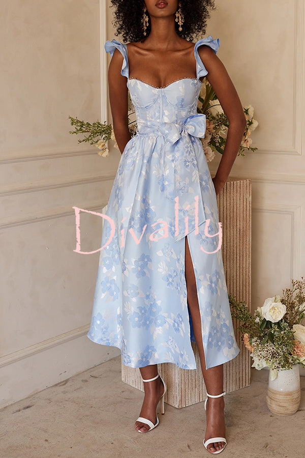 Floral Print Bow High Waist Pocket Midi Dress