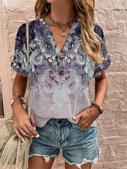 Spring and Summer New Women's Loose Type V-neck Tops Printed Twist Buckle Fashion Short-sleeved Female Sweet and Fresh