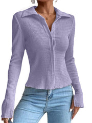 Spring and Summer Women's Solid Color Patchwork Sleeve Openings Slim Type Cardigan Button Up Lapel Regular Sleeve T-shirt Comfortable Casual Style