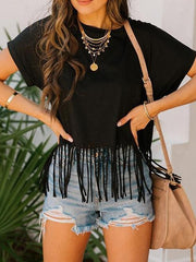 Fringed Bat Sleeve Casual T-Shirt