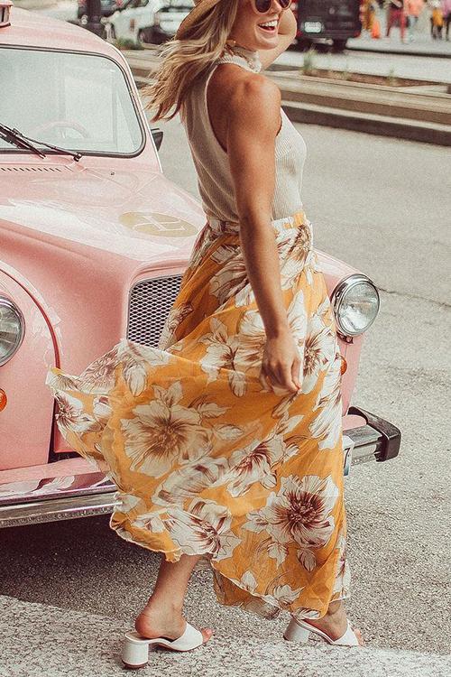 Floral Print Chiffon Maxi Skirts