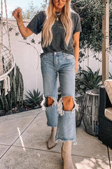 Broken Hole Raw Edge Straight Leg Jeans