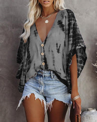 Button Down Deep V Neck Short Sleeve Oversized Top