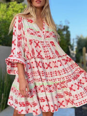 Boho V Neck Geometric Print Contrast Dress