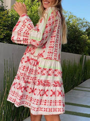 Boho V Neck Geometric Print Contrast Dress