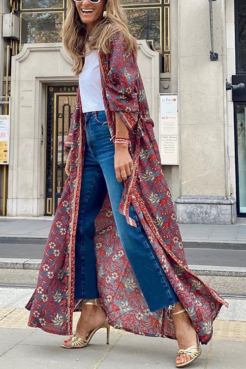 Ethnic Print Long Sleeve Kimono Cardigan