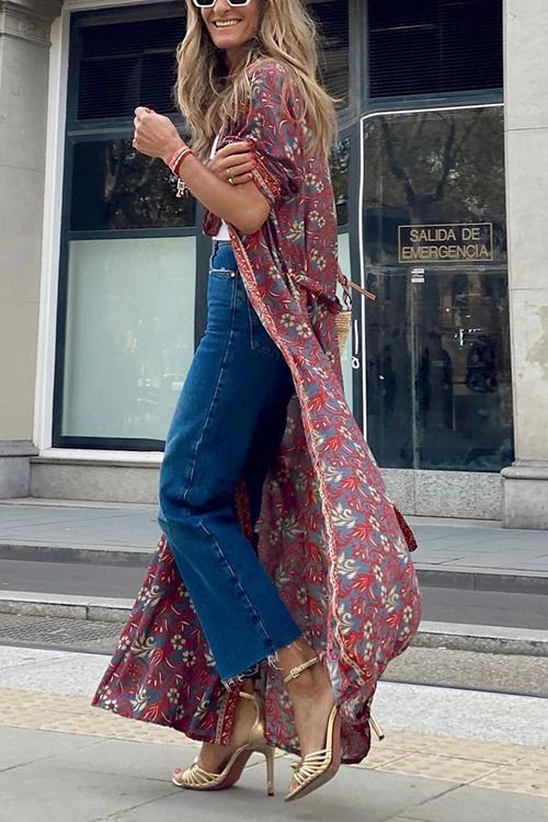Ethnic Print Long Sleeve Kimono Cardigan