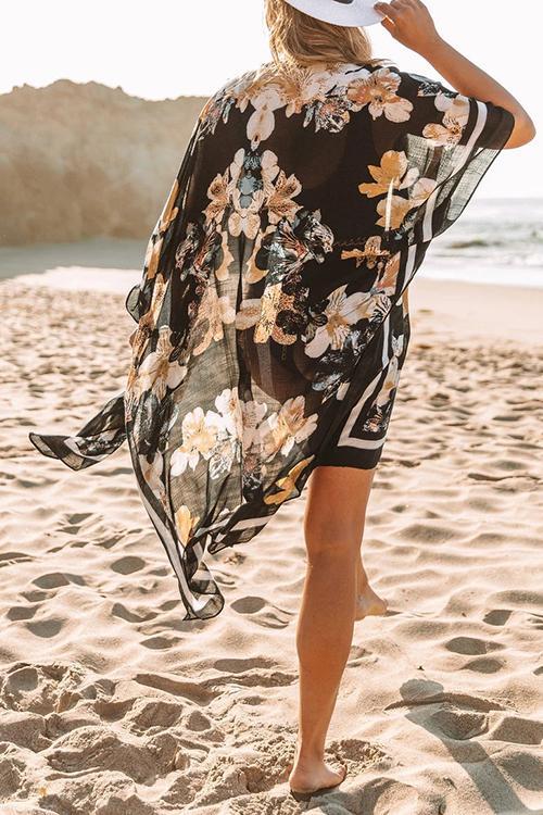 Floral Print Slit Bat Cover Cardigan