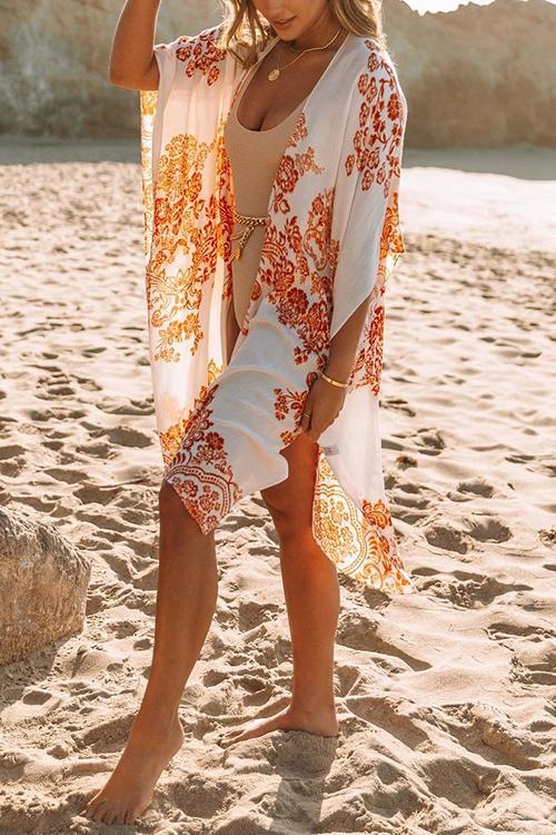 Floral Print Slit Bat Cover Cardigan