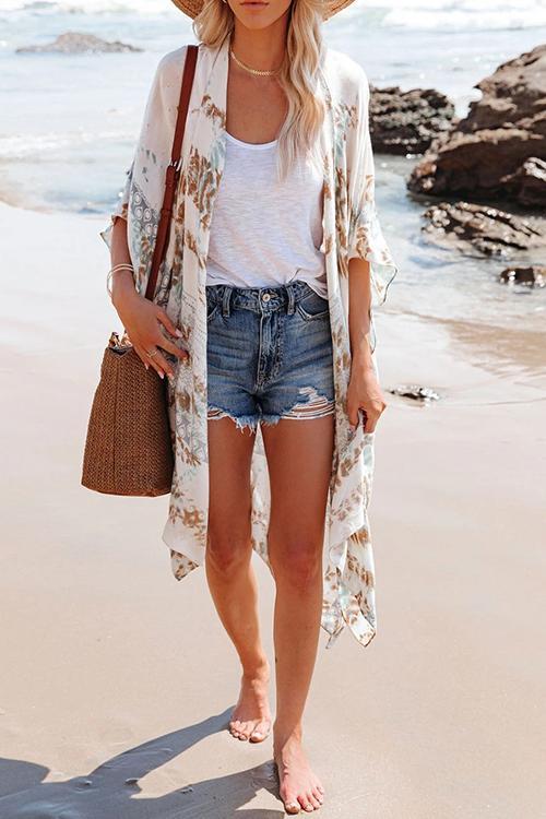 Floral Print Slit Bat Cover Cardigan