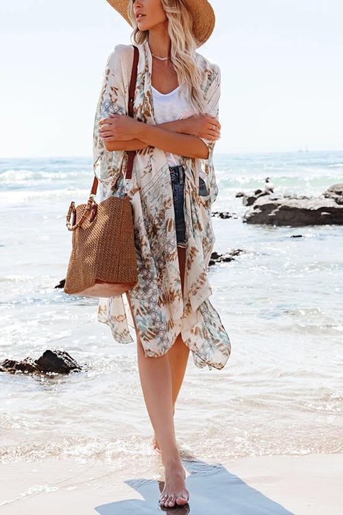 Floral Print Slit Bat Cover Cardigan
