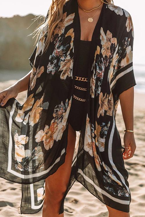 Floral Print Slit Bat Cover Cardigan