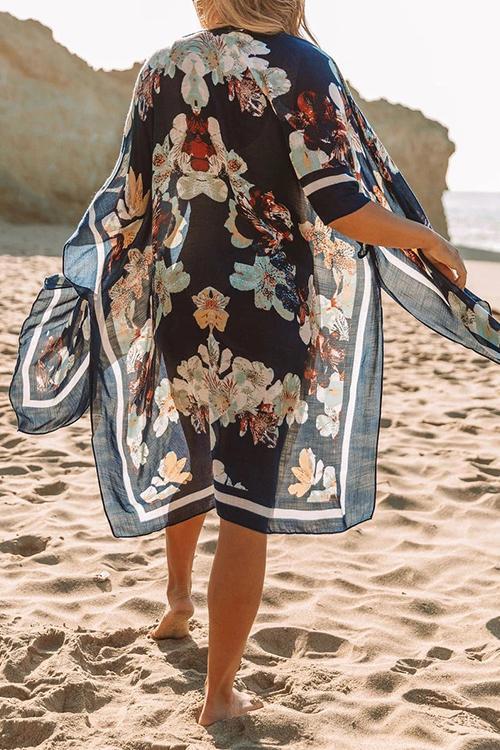 Floral Print Slit Bat Cover Cardigan