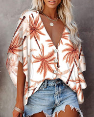 Button Down Deep V Neck Short Sleeve Oversized Top