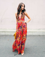 Floral Sleeveless Deep V neck Maxi Dress