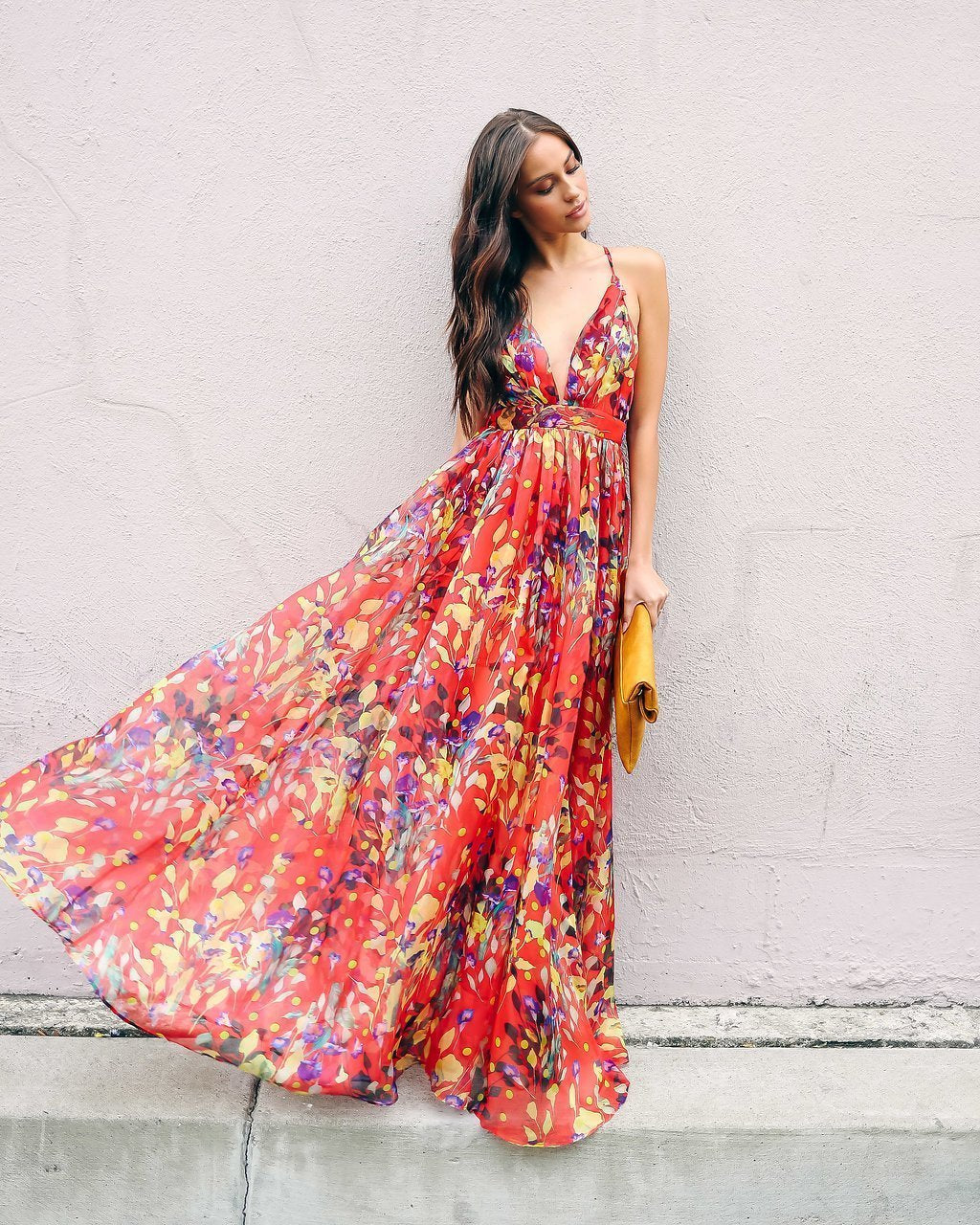 Floral Sleeveless Deep V neck Maxi Dress