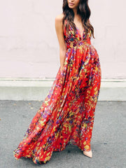 Floral Sleeveless Deep V neck Maxi Dress