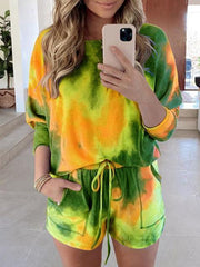 Casual Tie-dye Loog Sleeve Shorts Suit