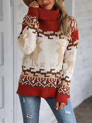 Color Block Christmas Reindeer Print High Neck Sweater