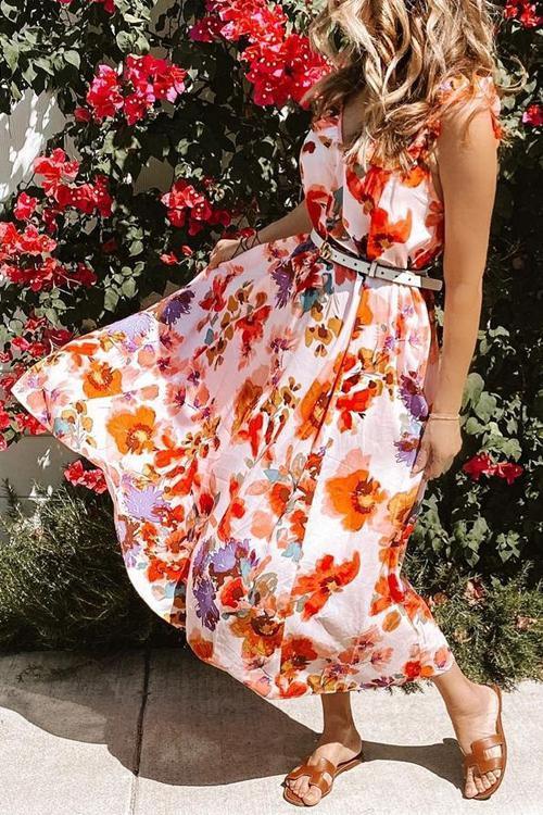Solid Ruffles V Neck Maxi Dress