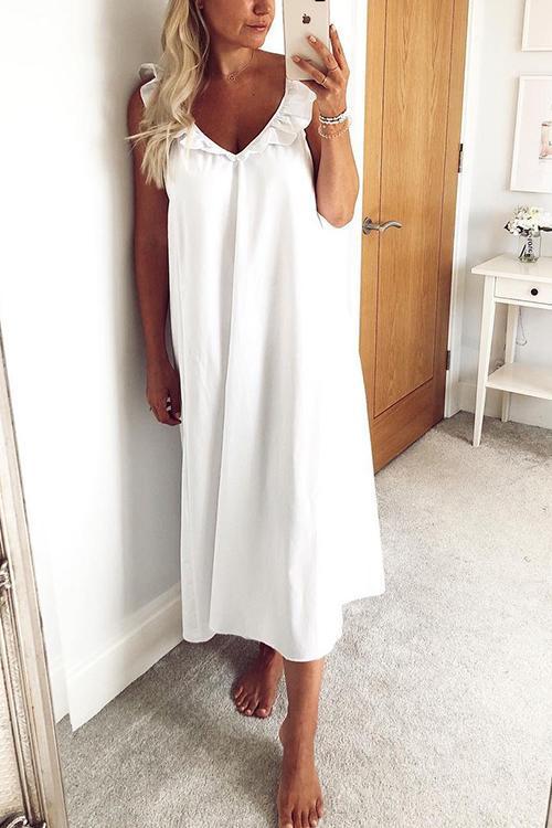 Solid Ruffles V Neck Maxi Dress