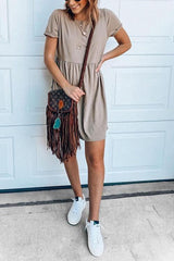 Solid O Neck Short Sleeve Dress