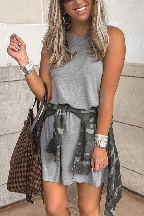 Solid Sleeveless Pockets Mini Dress